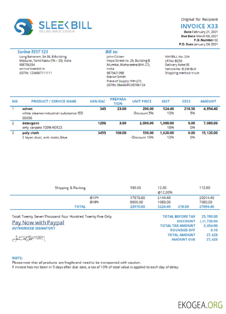 Facture de la société de logiciels de facturation India Sleek Bill